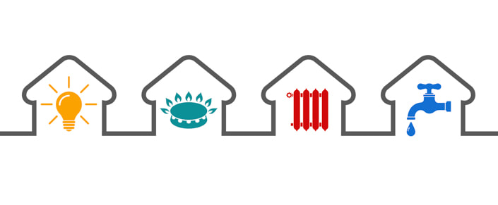 Picture showing outlines of houses with symbols within.  A light bulb, a gas cooker burner, a radiator and a tap with a drip of water.