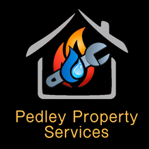 Picture showing the Pedley Property Services logo with is a grey house shape with intertwined orange and red flames, blue bas flame and a water droplet and spanner